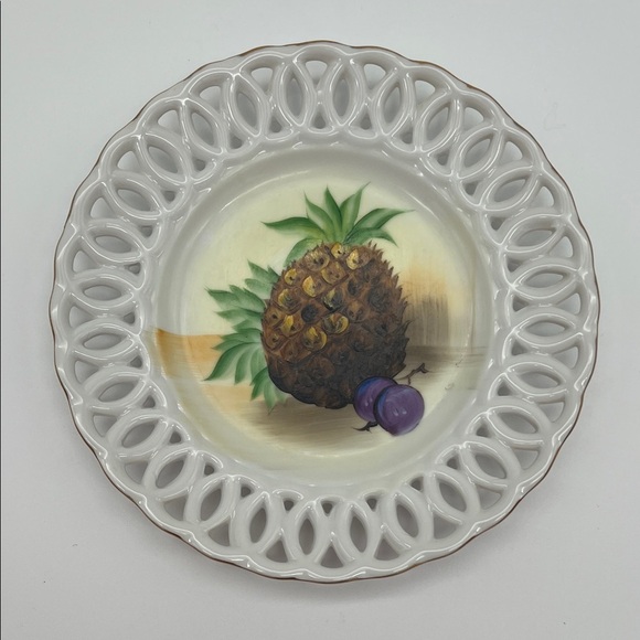 Enesco Other - Vintage Enesco Reticulated Porcelain Cabinet Plate - Hand-Painted Pineapple